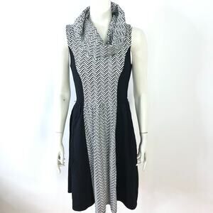 ModCloth SM A-Line Cowl Neck Knee Length Dress All Over Print Black White MINT